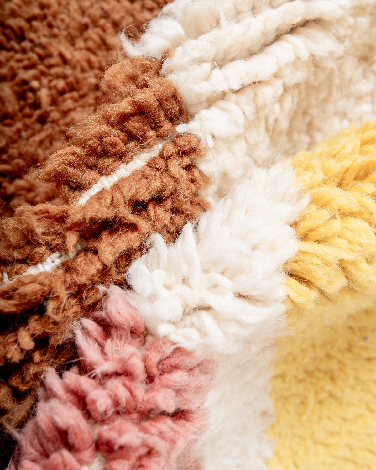 Modern, designer, handcrafted Berber rug from Morocco. Beniourain carpet with beautiful colours and patterns and fluffy wool texture.